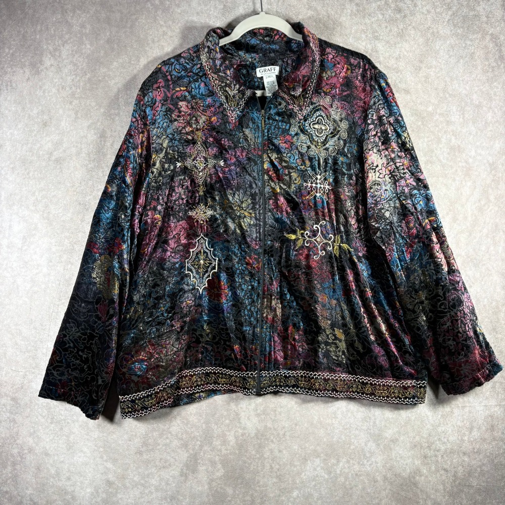 Graff Jacket Womens XL Multicolor Burnout Velvet Embroidered Beaded Zip Up Boho